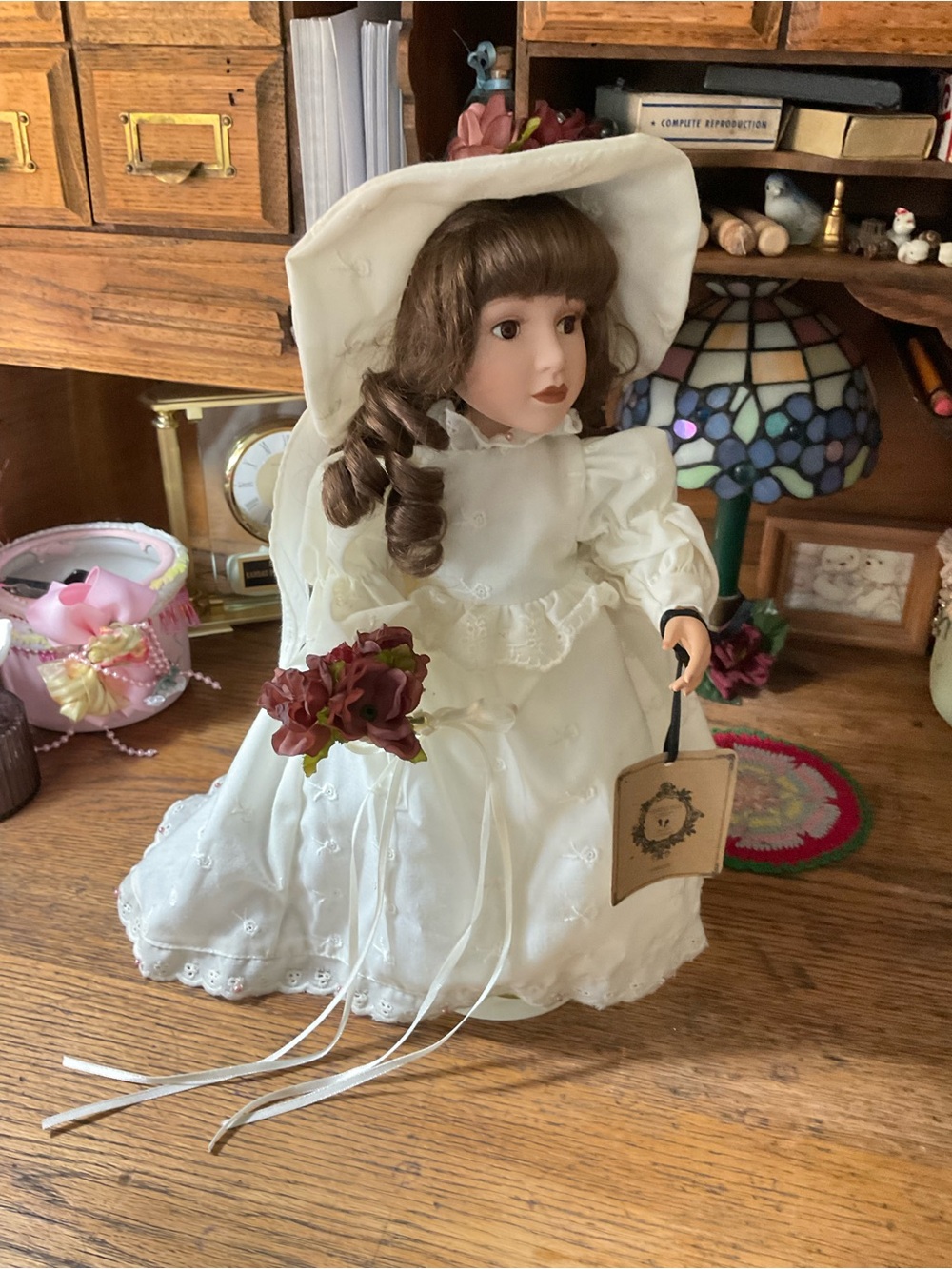 Porcelain Bride Doll in White Dress with Hat - Elegant Kids Toy